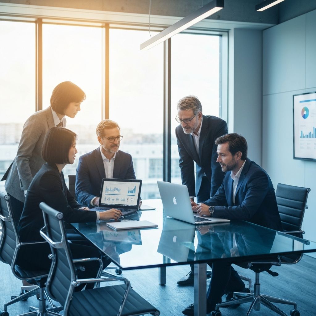 Professional team collaborating in a modern workspace